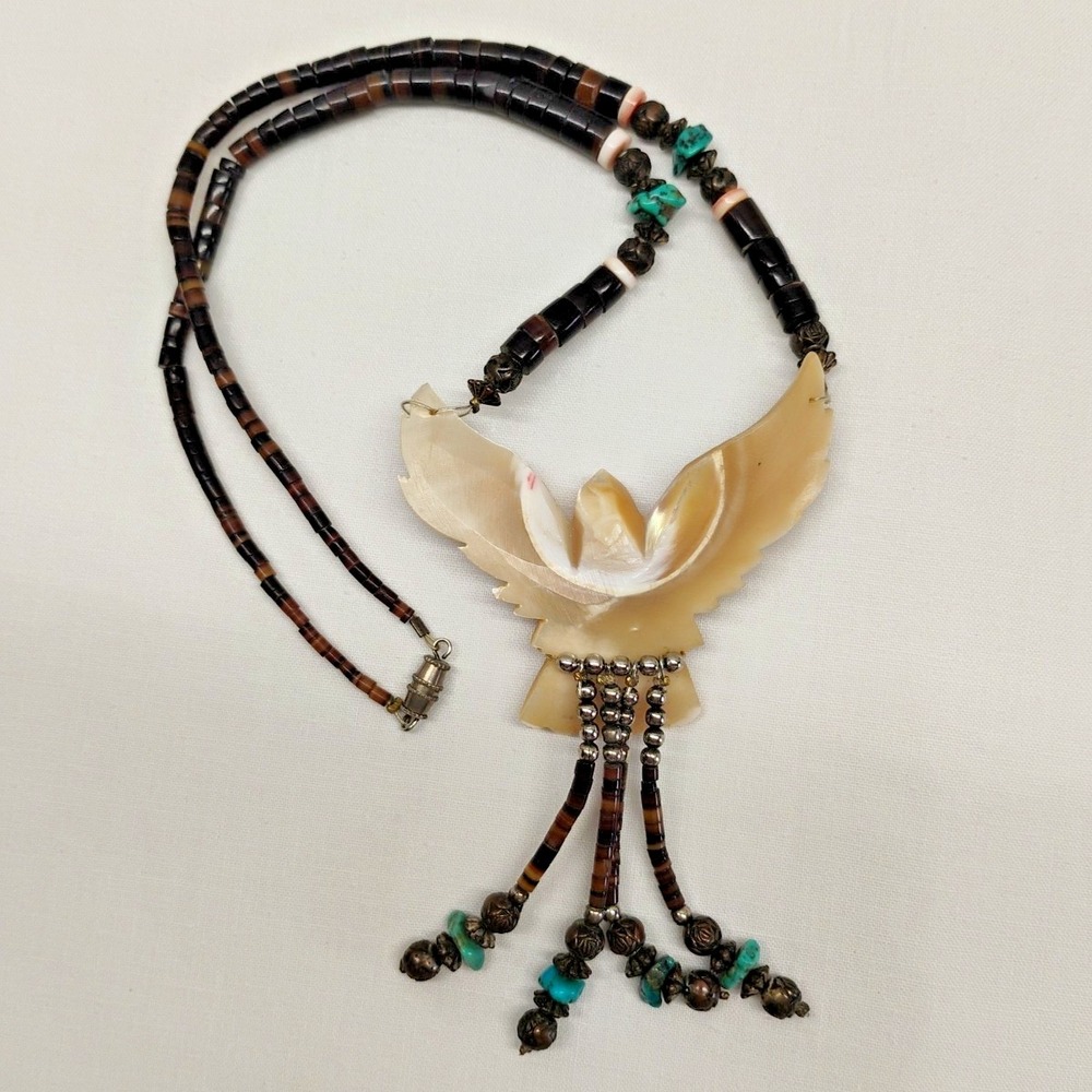 Native American Southwest Hand Carved Mother Of Pearl Eagle Turquoise Necklace - Picture 6 of 10